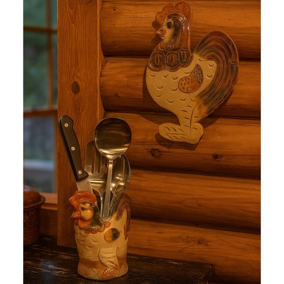 Vintage Stoneware Folk Art Rustic 11 1/2”Hanging Rooster and 7”Utensil Holder - Picture 1 of 14